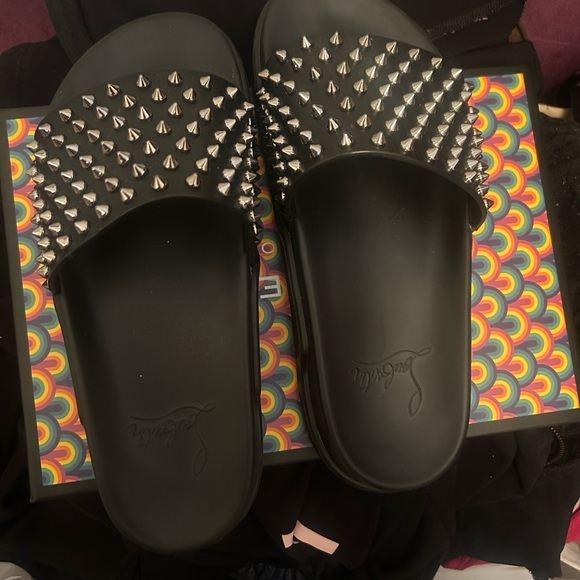 Christian Louis Vuitton Black Studded Slides - Picture 1 of 4